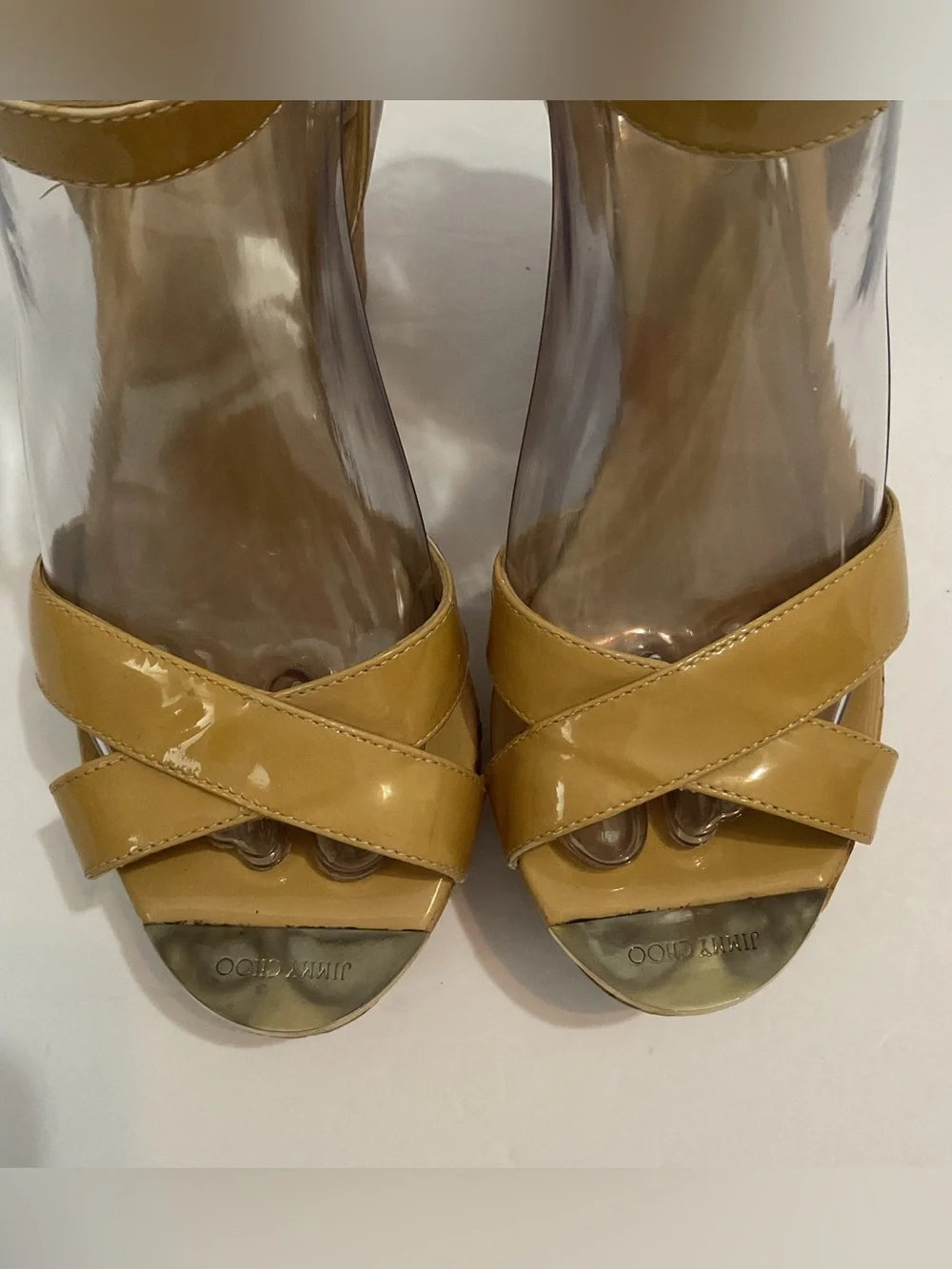 Jimmy Choo Beige Patent Leather Lucia Cross Strap Wedge Platform Sandals Sz 8/38